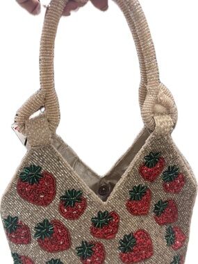 Beaded Strawberry Pattern Tote Bag in Beige